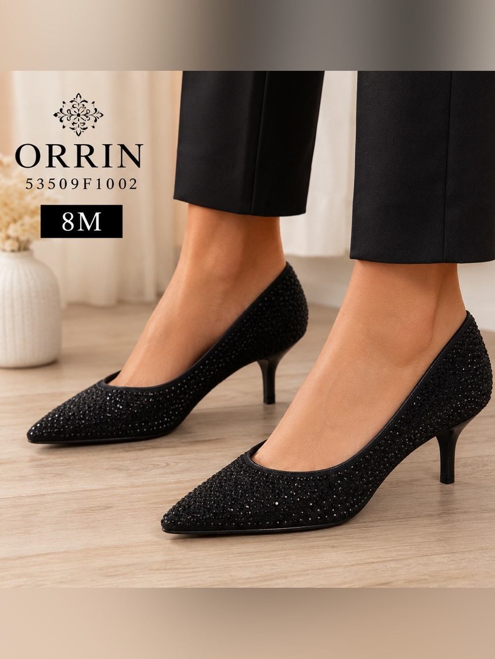 Black Rhinestone Pointed Toe Kitten Heel Pumps Size 8M Evening Party Shoes